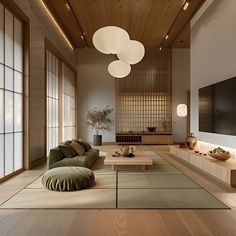 a living room filled with furniture and a flat screen tv on top of a wooden wall