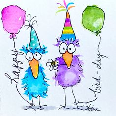 two birds wearing party hats and holding balloons