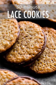 cookies with chocolate drizzled on top and the words, 30 - minute lace cookies