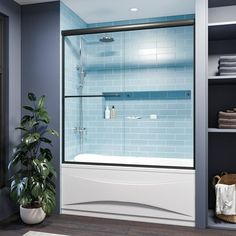 a bathroom with blue walls and tile flooring, including a walk - in shower