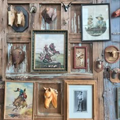 many framed pictures are hanging on the wall with horses and cowboys paintings above them, along with other items