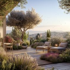 an outdoor patio with chaise lounges and potted plants