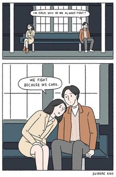 a comic strip with two people sitting on a bench