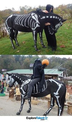 two pictures of people in skeleton costumes on horses, one has an orange ball and the other has a black horse