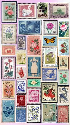 many different postage stamps with flowers and animals on them, all printed in different colors