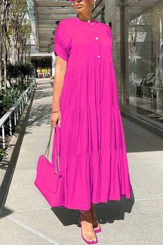 Belly Clothes, Plus Size Vacation, Trendy Chic Outfits, Short Sleeve Maxi Dress, Modest Summer Dresses, Ruffle Maxi Dress, Blue Dress Formal, Pink Round, Short Sleeve Maxi Dresses