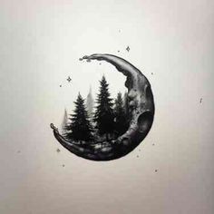 a drawing of a crescent moon with trees in the background