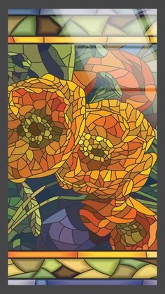 a stained glass window with orange flowers on the outside and green leaves in the background