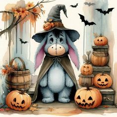 a painting of a bunny dressed as a witch surrounded by pumpkins