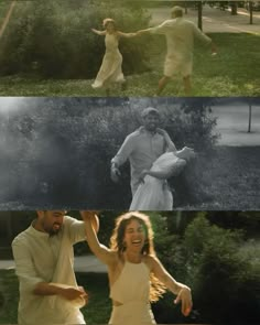 two people are dancing in the grass and one is wearing a white dress with her arms outstretched