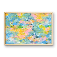 an abstract painting with blue, yellow and pink flowers on the bottom half of it