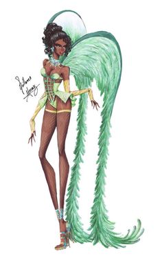 a drawing of a woman with green feathers on her head and wings around her body