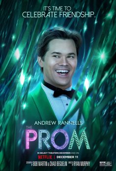 an advertisement for the broadway production of prom with a smiling man in a green suit and bow tie