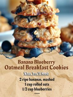 banana blueberry oatmeal breakfast cookies are stacked on top of each other