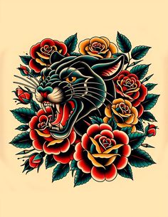 an old school style tattoo design with roses and a cat's head on it