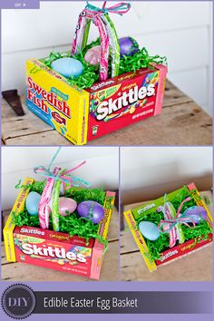 an easter basket with eggs in it on top of a wooden table and two pictures of the same box