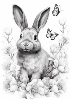 a black and white drawing of a rabbit surrounded by flowers with butterflies in the background