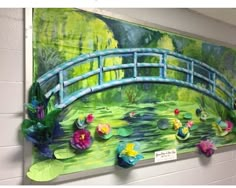 a painting on the wall of a bridge over water with flowers and plants around it