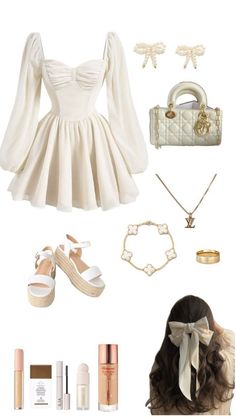 the contents of a white dress and accessories