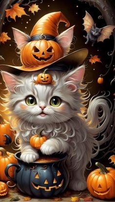 a painting of a cat wearing a witches hat