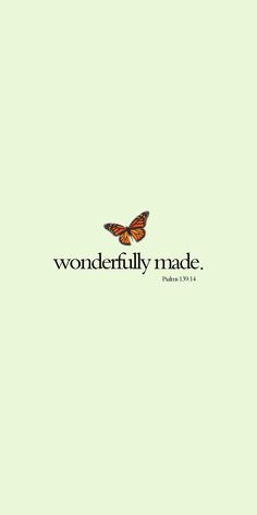 the word wonderfully made is written in black on a green background with a butterfly