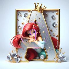 ariel from the little mermaid is sitting in front of a letter with diamonds on it