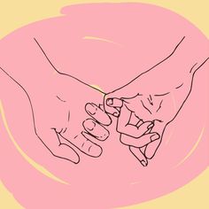 two hands holding each other over a pink circle