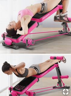 the woman is doing exercises on her pink exercise machine