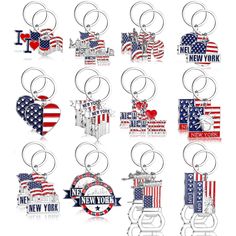 many different key chains with american flags on them