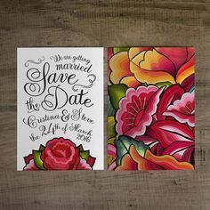 wedding save the date cards with flowers and leaves on them, sitting on a wooden table