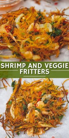 shrimp and veggie fritters on a white tablecloth with text overlay