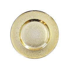 a white and gold plate with speckles on the rim, against a white background