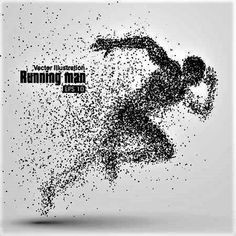 the silhouette of a running man is made up of dots and lines in black on a white background