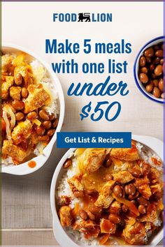 two bowls filled with food and the words make 5 meals with one list under $ 50