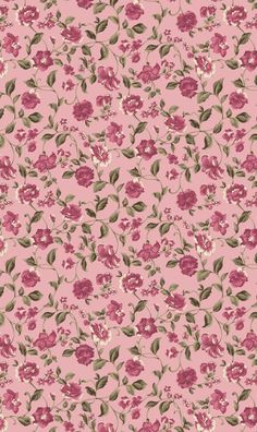 a pink flowered background with green leaves and flowers