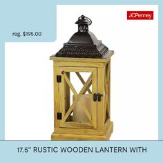 a wooden lantern with a candle on top and the words rustic wooden lantern with an iron lid