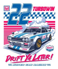 an old poster with the number 52 turbo twin car on it's back side