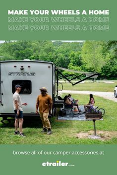 an advertisement for the camper trailer company shows people standing around and looking at it