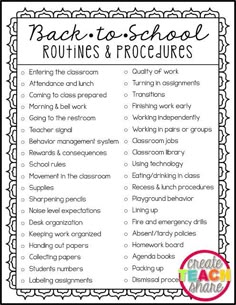 the back to school routine is shown in this black and white printable poster with text