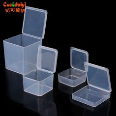 three clear plastic storage boxes with lids on each side and the same one in different colors