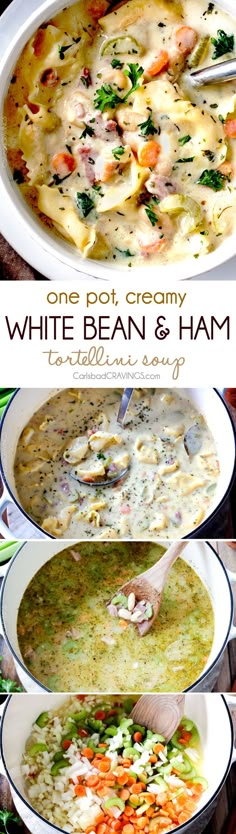 three different pictures of food with the words one pot, creamy white bean and ham soup