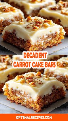 several pictures of carrot cake bars with white frosting