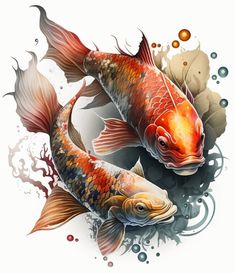 two koi fish swimming in the water with bubbles and bubbles around their tails, on a white background