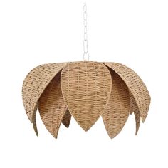 a wicker chandelier hanging from a chain