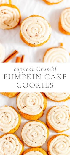 pumpkin cupcakes with cream cheese frosting on top and cinnamon sticks in the middle