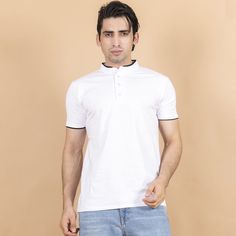 White Mandarin Collar T-Shirt For Men Blank Canvas, White T Shirt, White Tshirt, The White, White Undershirt, Polo Ralph Lauren