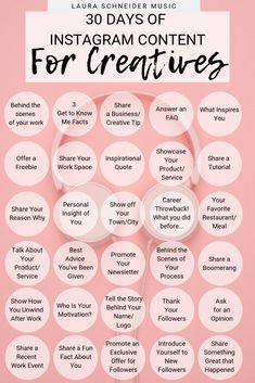 the 30 days of instagramm content for creatives on pink background with white circles