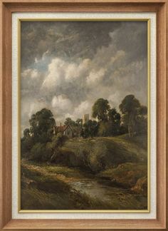 an oil painting of a landscape with trees and clouds in the sky, by a river