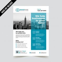 a blue and white business flyer with the words we help businesses to grow faster on it