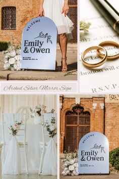 a collage of photos showing wedding rings and chairs with the names of their guests